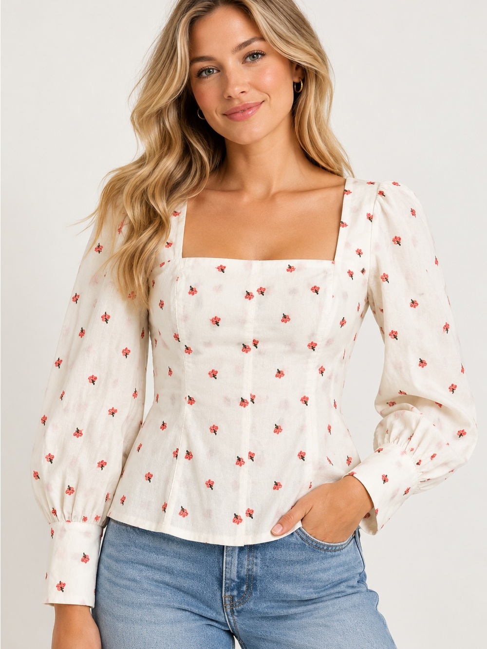 KOURT Floral Cotton Linen Square Neck Smocked Puff Sleeve Blouse Sz L